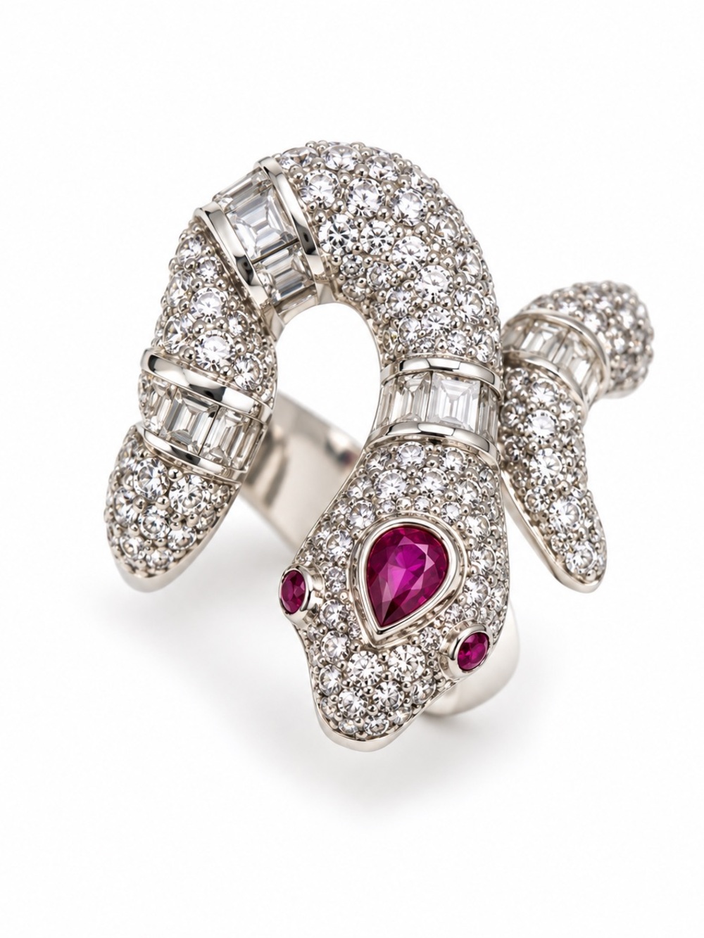 Women’s Silver Snake Ring with Ruby Accents